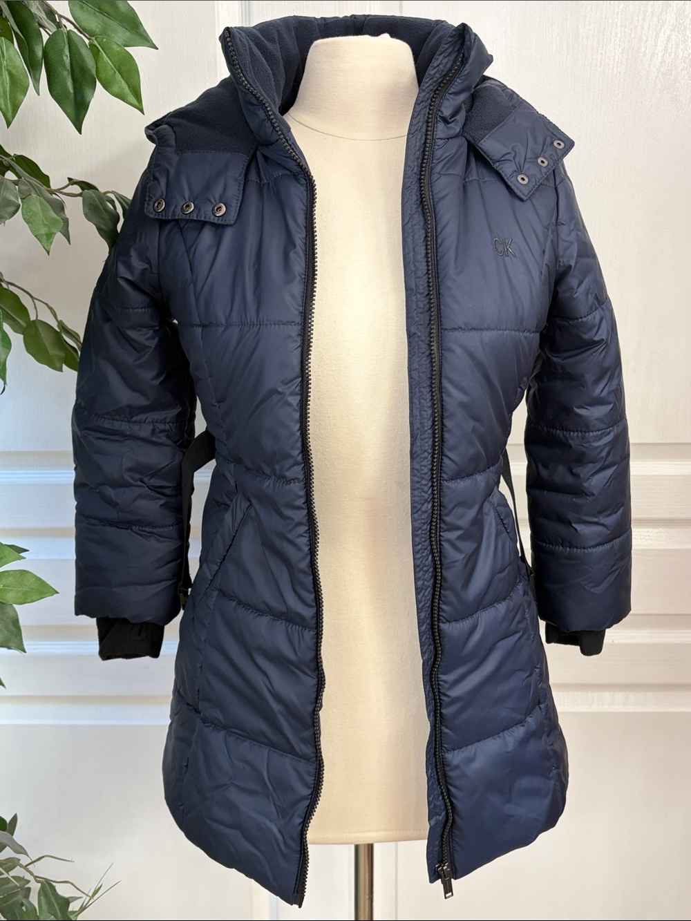 Calvin Klein Jeans Girls Belted Hooded Puffer Full Zip Coat ~ Navy Blue